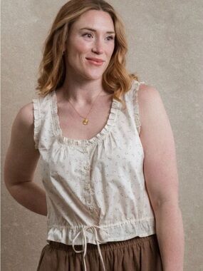 Cream Ruffled Button-Front Crop Tank